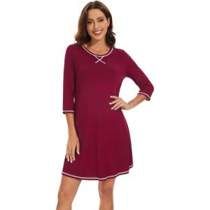 imageWiWi Nightgowns for Women 34 Sleeve Sleep Shirts Soft Pajamas Gowns Viscose from Bamboo Nightwear SXXLWine