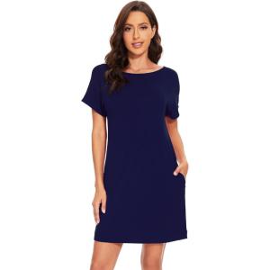 imageWiWi Womens Bamboo Viscose Nightgowns Soft Short Sleeve Sleep Shirt Lightweight Cool Nightshirt Pajama Dress SXXLBnavy