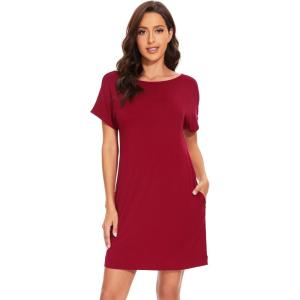 imageWiWi Womens Bamboo Viscose Nightgowns Soft Short Sleeve Sleep Shirt Lightweight Cool Nightshirt Pajama Dress SXXLBwine Red