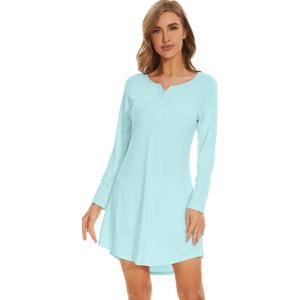 imageWiWi Womens Viscose from Bamboo Nightgown Long Sleeve Nightshirt Soft Sleep Dress Loose Comfy Pajama Sleepwear SXXLAaqua