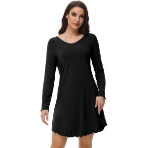 imageWiWi Womens Viscose from Bamboo Nightgown Long Sleeve Nightshirt Soft Sleep Dress Loose Comfy Pajama Sleepwear SXXLBblack