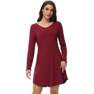 imageWiWi Womens Viscose from Bamboo Nightgown Long Sleeve Nightshirt Soft Sleep Dress Loose Comfy Pajama Sleepwear SXXLBwine