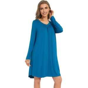 imageWiWi Womens Viscose from Bamboo Nightgown Long Sleeve Nightshirt Soft Sleep Dress Loose Comfy Pajama Sleepwear SXXLCteal Blue