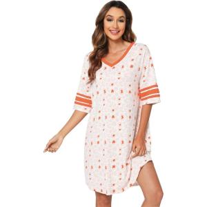 imageWiWi Bamboo Viscose Nightgowns for Women 34 Sleeve Nightshirts Sleep Shirt Plus Size Sleepwear Pajamas Dress S4XBcoral Leopard