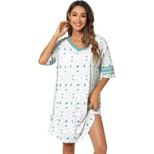 imageWiWi Bamboo Viscose Nightgowns for Women 34 Sleeve Nightshirts Sleep Shirt Plus Size Sleepwear Pajamas Dress S4XBgrey Leopard