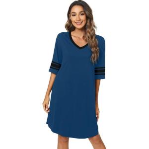 imageWiWi Bamboo Viscose Nightgowns for Women 34 Sleeve Nightshirts Sleep Shirt Plus Size Sleepwear Pajamas Dress S4XBink BlueBlack