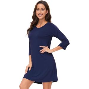 imageWiWi Nightgowns for Women Viscose from Bamboo 34 Sleeve Sleepshirt Soft Vneck Nightshirts Loose Pajama Dress SXXLNavy