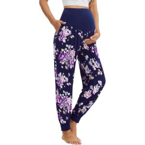 imageWiWi Womens Viscose from Bamboo Maternity Pants Soft Over The Belly Pregnancy Leggings High Waist Stretchy BottomsBdark NavyPurple Floral