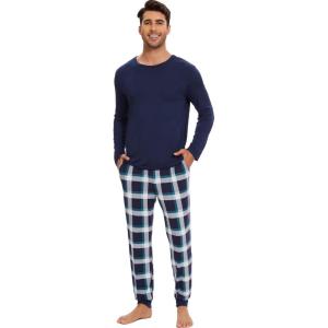 imageWiWi Mens Viscose from Bamboo Pajama Sets Long Sleeve Top and Pants Sleepwear Pjs with Pockets Drawstring SXXLBnavynavyGreen Stripe Plaid