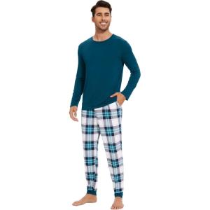 imageWiWi Mens Viscose from Bamboo Pajama Sets Long Sleeve Top and Pants Sleepwear Pjs with Pockets Drawstring SXXLBpeacock BluenavyGreen Plaid