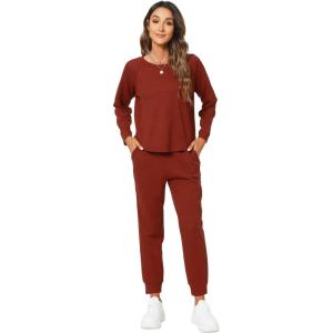 imageWiWi Pajamas Set for Women Waffle Knit Sleepwear Long Sleeve Tops and Jogger Pants with Pockets Loungewear SXXLBrickred