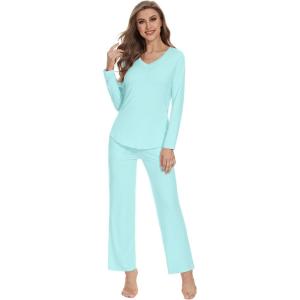 imageWiWi Pajamas for Women Long Sleeve Sleepwear with Pants Set Soft Casual Pj Warm Viscose from Bamboo Lounge Sets SXXLAaqua