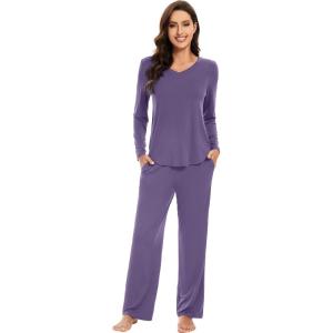 imageWiWi Pajamas for Women Long Sleeve Sleepwear with Pants Set Soft Casual Pj Warm Viscose from Bamboo Lounge Sets SXXLAlavender
