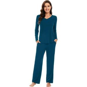 imageWiWi Pajamas for Women Long Sleeve Sleepwear with Pants Set Soft Casual Pj Warm Viscose from Bamboo Lounge Sets SXXLApeacock Blue