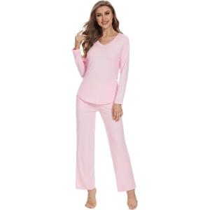 imageWiWi Pajamas for Women Long Sleeve Sleepwear with Pants Set Soft Casual Pj Warm Viscose from Bamboo Lounge Sets SXXLApink