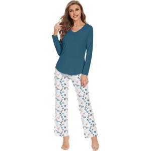 imageWiWi Pajamas for Women Long Sleeve Sleepwear with Pants Set Soft Casual Pj Warm Viscose from Bamboo Lounge Sets SXXLAwhiteGreen Dots