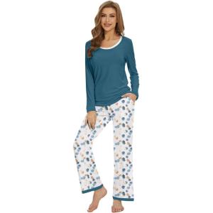 imageWiWi Womens Pajama Sets Soft Long Sleeves Top with Pants PJ 2 Piece Viscose from Bamboo Loungewear Set SXXLAgreenwhiteGreen Dots
