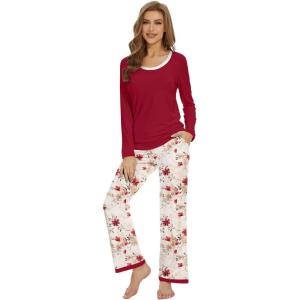 imageWiWi Womens Pajama Sets Soft Long Sleeves Top with Pants PJ 2 Piece Viscose from Bamboo Loungewear Set SXXLAwine Redred Floral