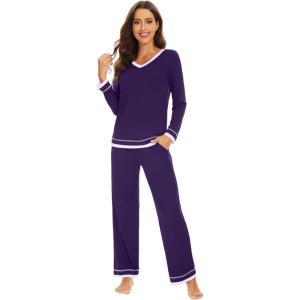 imageWiWi Womens Pajama Sets Soft Long Sleeves Top with Pants PJ 2 Piece Viscose from Bamboo Loungewear Set SXXLCpurplish Red