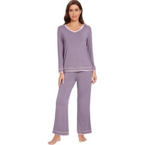 imageWiWi Womens Pajama Sets Soft Long Sleeves Top with Pants PJ 2 Piece Viscose from Bamboo Loungewear Set SXXLCviolet