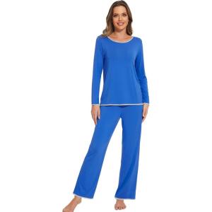 imageWiWi Womens Pajamas Set Soft Long Sleeve Tops and Pants Viscose from Bamboo Sleepwear Lightweight Pj Loungewear SXXLAbright Blue