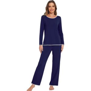 imageWiWi Womens Pajamas Set Soft Long Sleeve Tops and Pants Viscose from Bamboo Sleepwear Lightweight Pj Loungewear SXXLAnavy