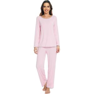 imageWiWi Womens Pajamas Set Soft Long Sleeve Tops and Pants Viscose from Bamboo Sleepwear Lightweight Pj Loungewear SXXLApink