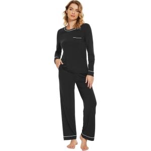 imageWiWi Womens Pajamas Set Soft Long Sleeve Tops and Pants Viscose from Bamboo Sleepwear Lightweight Pj Loungewear SXXLBblack