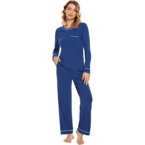 imageWiWi Womens Pajamas Set Soft Long Sleeve Tops and Pants Viscose from Bamboo Sleepwear Lightweight Pj Loungewear SXXLBblue Depth