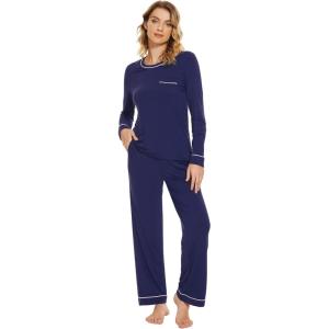 imageWiWi Womens Pajamas Set Soft Long Sleeve Tops and Pants Viscose from Bamboo Sleepwear Lightweight Pj Loungewear SXXLBnavy