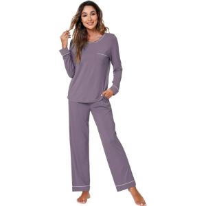 imageWiWi Womens Pajamas Set Soft Long Sleeve Tops and Pants Viscose from Bamboo Sleepwear Lightweight Pj Loungewear SXXLBviolet