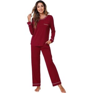 imageWiWi Womens Pajamas Set Soft Long Sleeve Tops and Pants Viscose from Bamboo Sleepwear Lightweight Pj Loungewear SXXLBwine Red