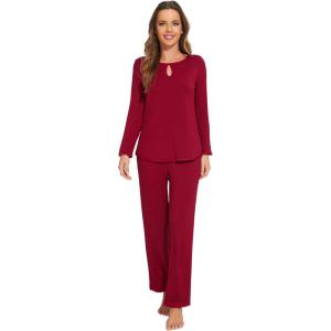 imageWiWi Womens Pajamas Set Soft Long Sleeve Tops and Pants Viscose from Bamboo Sleepwear Lightweight Pj Loungewear SXXLCwine Red