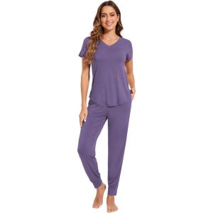 imageWiWi Pajamas for Women Soft Pajama Sets Short Sleeve Tops with Jogger Pants Viscose from Bamboo Pjs SXXLAlavender