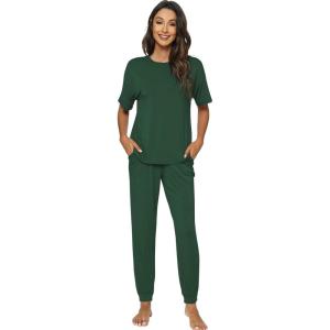 imageWiWi Womens Tracksuit Set Viscose from Bamboo Loungewear 2 Piece Outfit Long Pants Jogger Sets SXXLAdeep Green