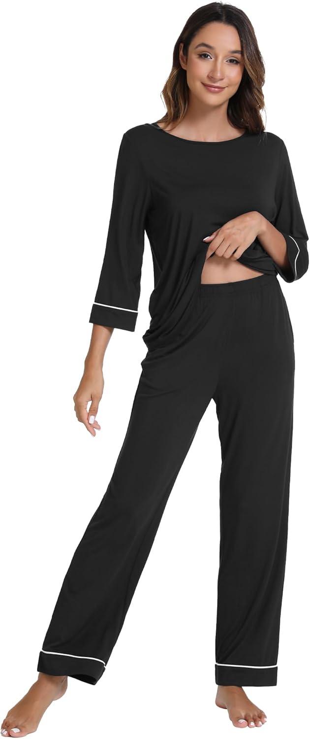 imageWiWi Pajamas for Women Scoop Neck 34 Sleeve Pajama Set Soft Sleep Lounge Set Sleepwear Viscose from bamboo SXXLBlack