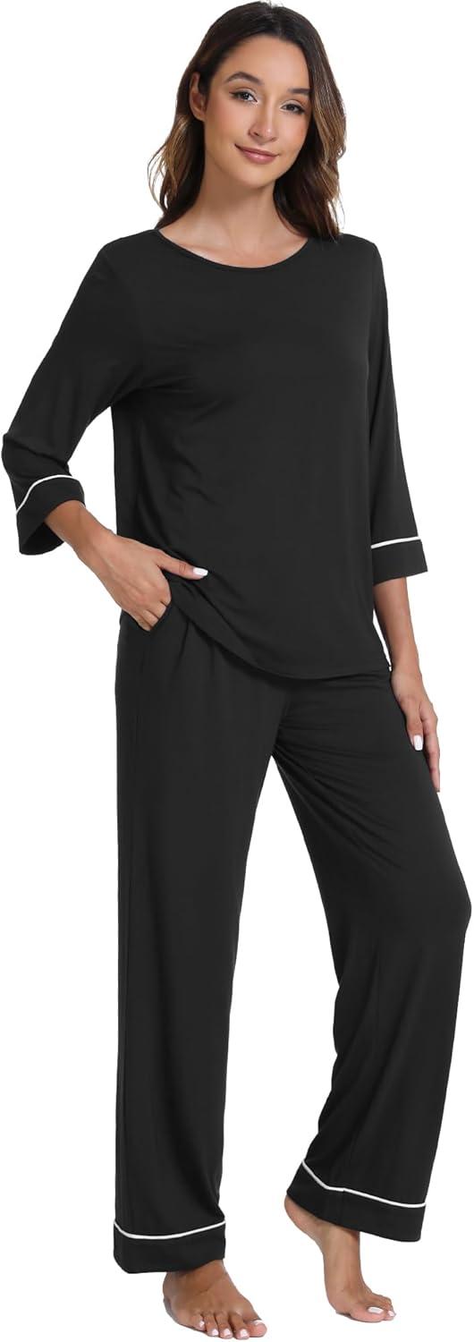 imageWiWi Pajamas for Women Scoop Neck 34 Sleeve Pajama Set Soft Sleep Lounge Set Sleepwear Viscose from bamboo SXXLBlack