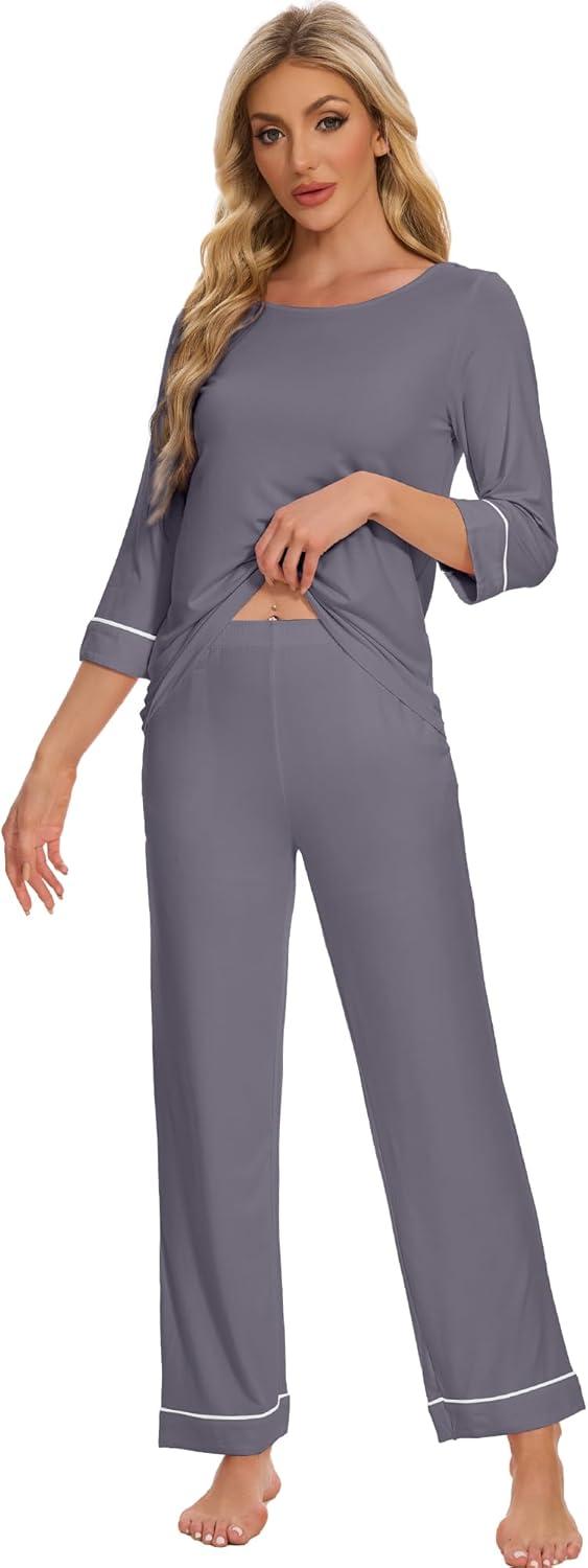 imageWiWi Pajamas for Women Scoop Neck 34 Sleeve Pajama Set Soft Sleep Lounge Set Sleepwear Viscose from bamboo SXXLDark Grey