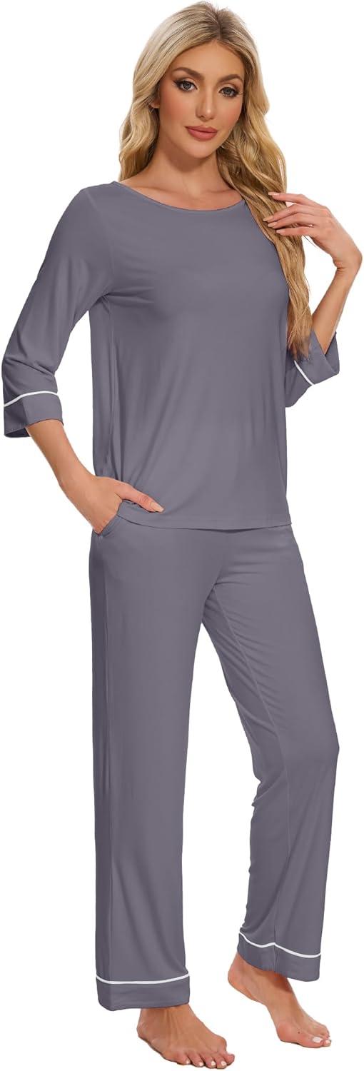 imageWiWi Pajamas for Women Scoop Neck 34 Sleeve Pajama Set Soft Sleep Lounge Set Sleepwear Viscose from bamboo SXXLDark Grey