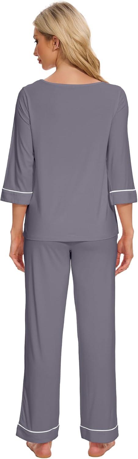 imageWiWi Pajamas for Women Scoop Neck 34 Sleeve Pajama Set Soft Sleep Lounge Set Sleepwear Viscose from bamboo SXXLDark Grey