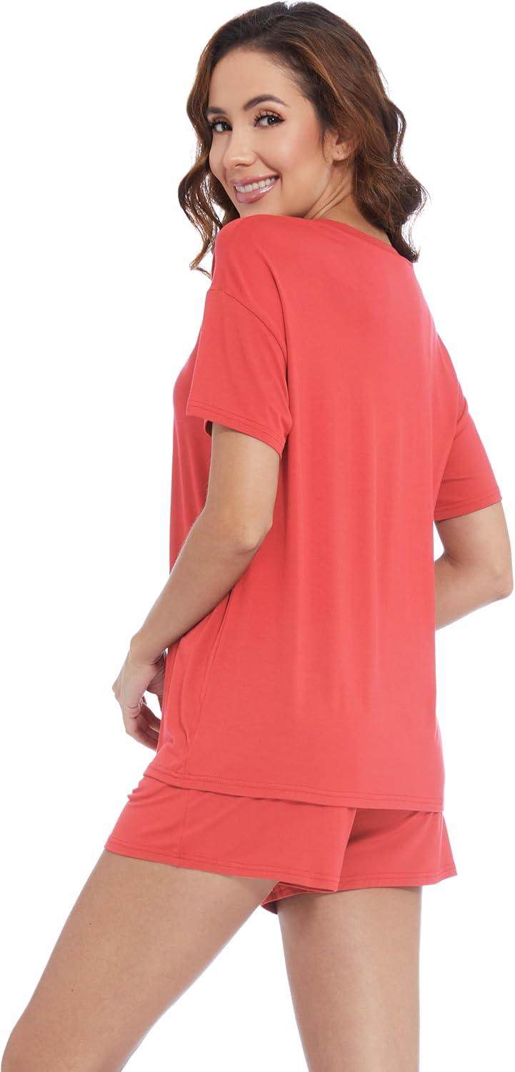 imageWiWi Pajamas for Women Super Soft Short Sleeve Top with Shorts Pajama Set Crewneck Summer Cooling Sleepwear Sets SXXLAcoral