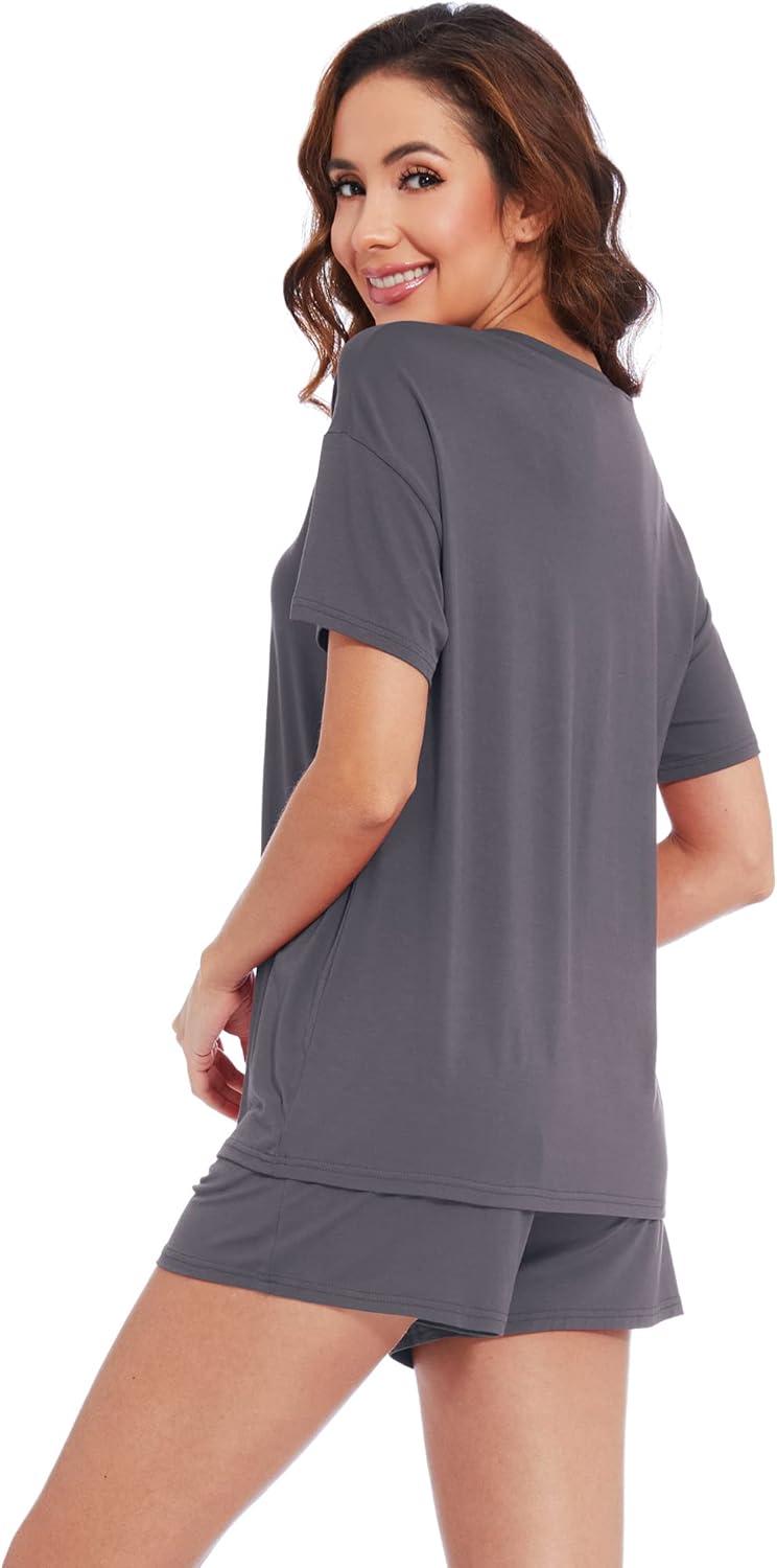 imageWiWi Pajamas for Women Super Soft Short Sleeve Top with Shorts Pajama Set Crewneck Summer Cooling Sleepwear Sets SXXLAdark Grey