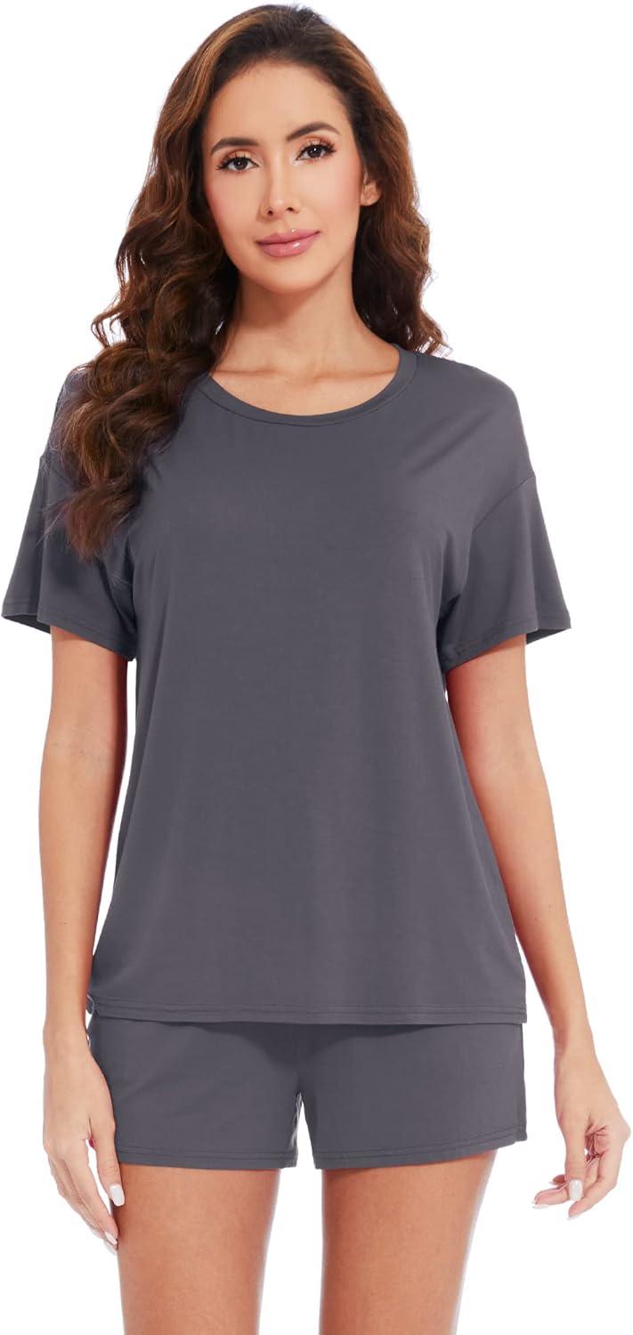 imageWiWi Pajamas for Women Super Soft Short Sleeve Top with Shorts Pajama Set Crewneck Summer Cooling Sleepwear Sets SXXLAdark Grey