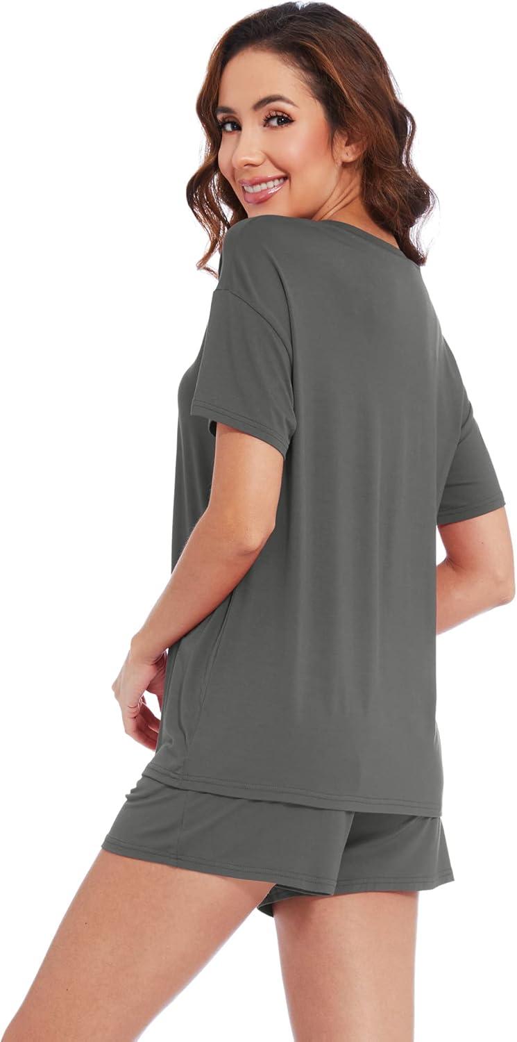 imageWiWi Pajamas for Women Super Soft Short Sleeve Top with Shorts Pajama Set Crewneck Summer Cooling Sleepwear Sets SXXLAiron Grey
