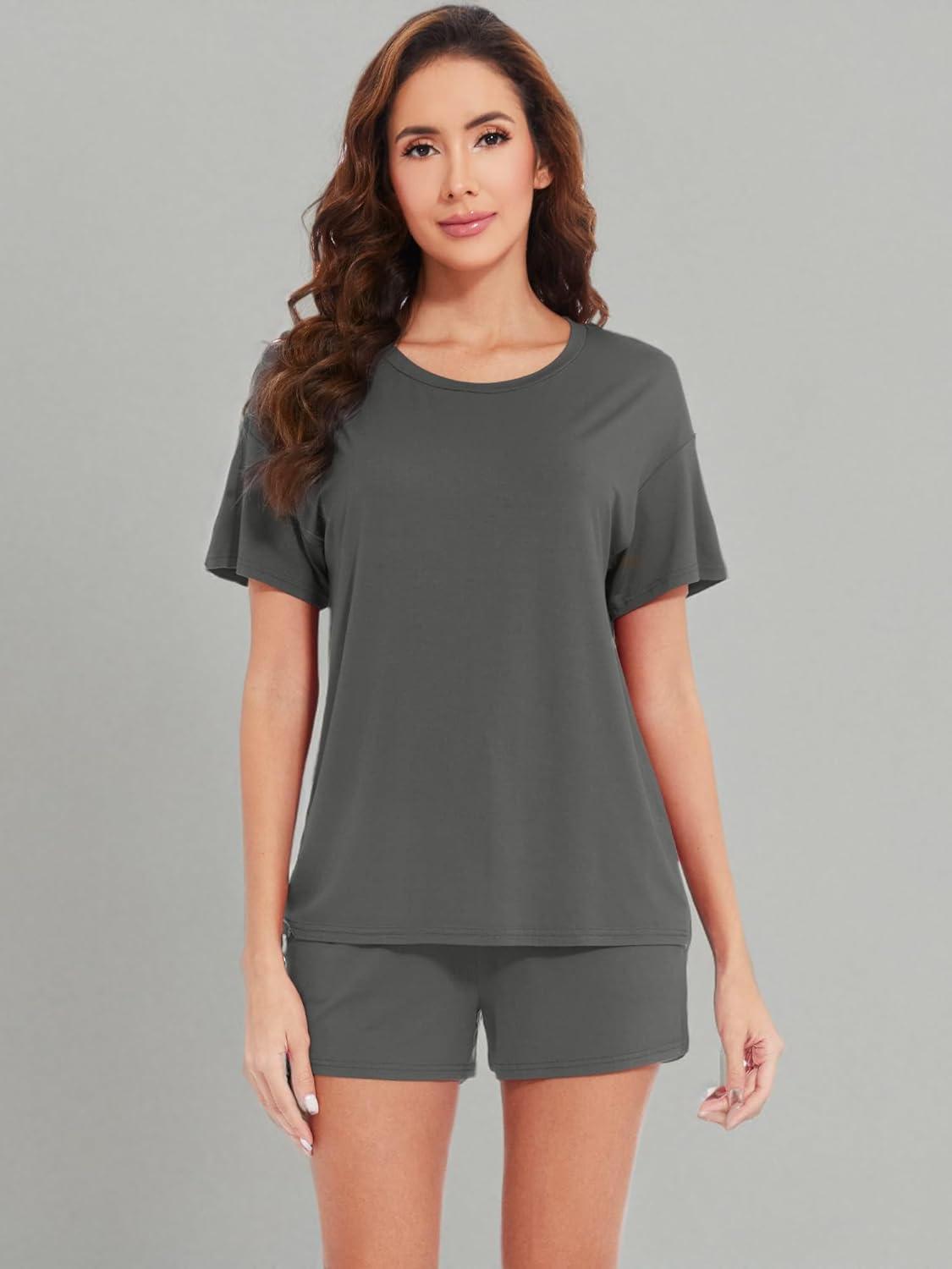imageWiWi Pajamas for Women Super Soft Short Sleeve Top with Shorts Pajama Set Crewneck Summer Cooling Sleepwear Sets SXXLAiron Grey