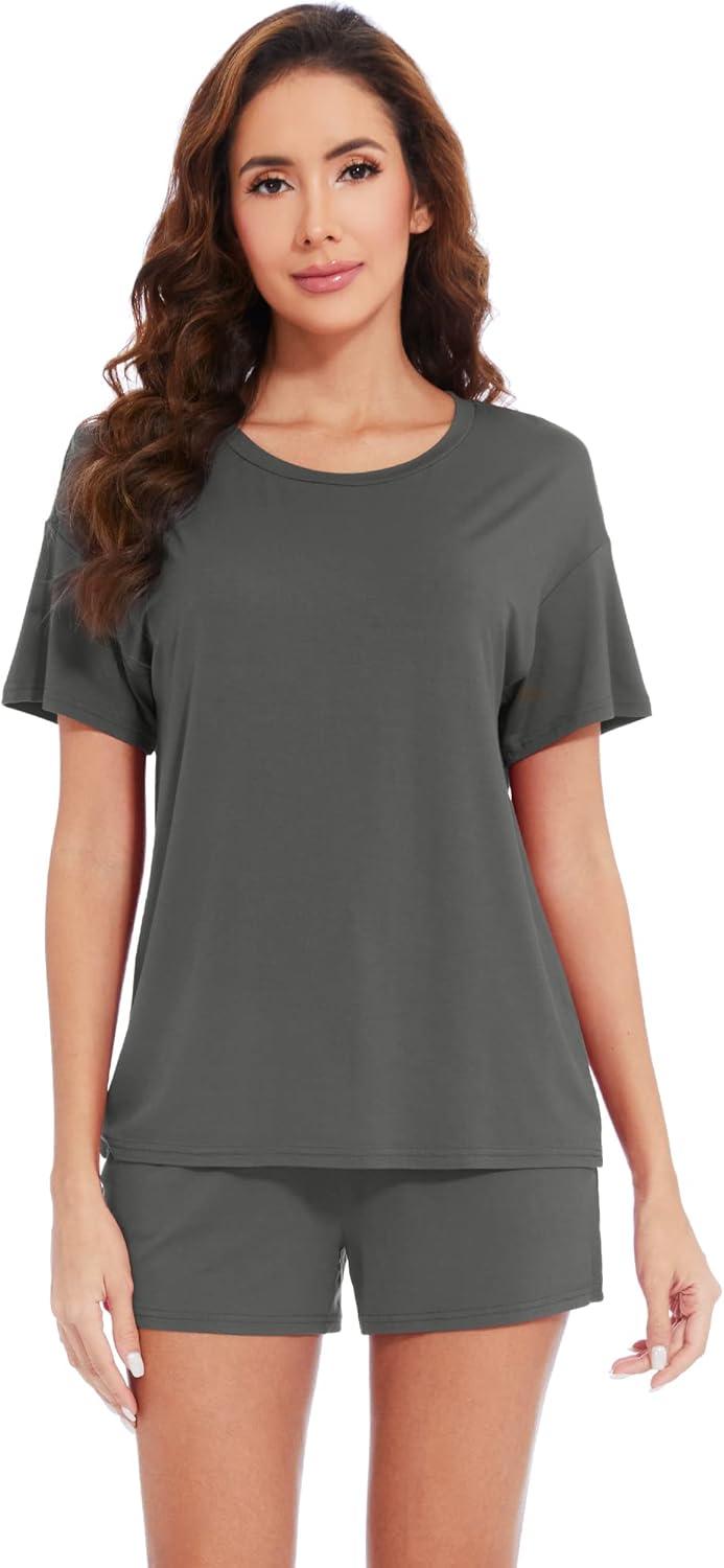 imageWiWi Pajamas for Women Super Soft Short Sleeve Top with Shorts Pajama Set Crewneck Summer Cooling Sleepwear Sets SXXLAiron Grey