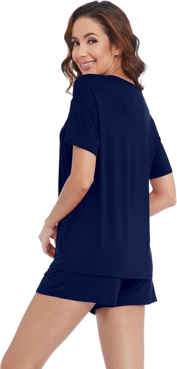 imageWiWi Pajamas for Women Super Soft Short Sleeve Top with Shorts Pajama Set Crewneck Summer Cooling Sleepwear Sets SXXLAnavy
