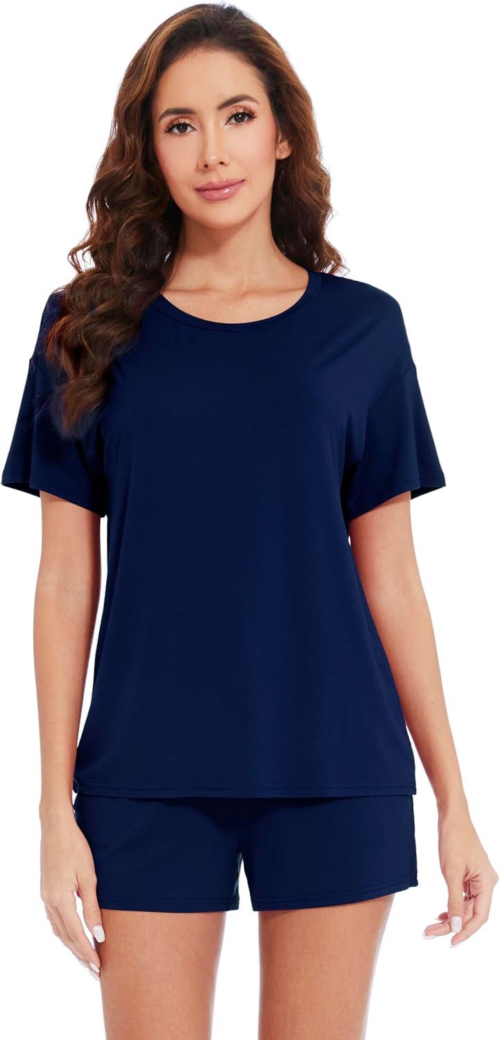 imageWiWi Pajamas for Women Super Soft Short Sleeve Top with Shorts Pajama Set Crewneck Summer Cooling Sleepwear Sets SXXLAnavy