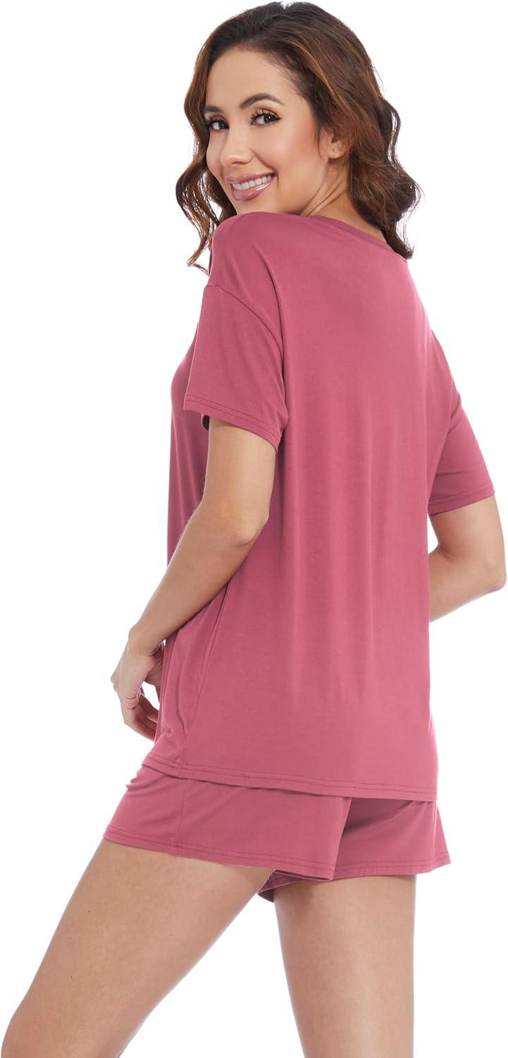 imageWiWi Pajamas for Women Super Soft Short Sleeve Top with Shorts Pajama Set Crewneck Summer Cooling Sleepwear Sets SXXLApale Violet Red