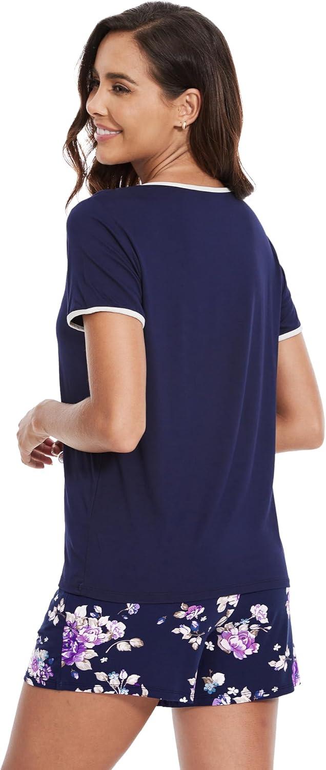 imageWiWi Pajamas for Women Super Soft Short Sleeve Top with Shorts Pajama Set Crewneck Summer Cooling Sleepwear Sets SXXLBdark NavyPurple Floral